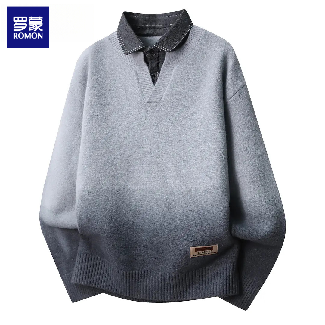 罗蒙渐变色毛衣男秋冬季衬衫领加厚保暖针织衫青少年宽松打底毛衫