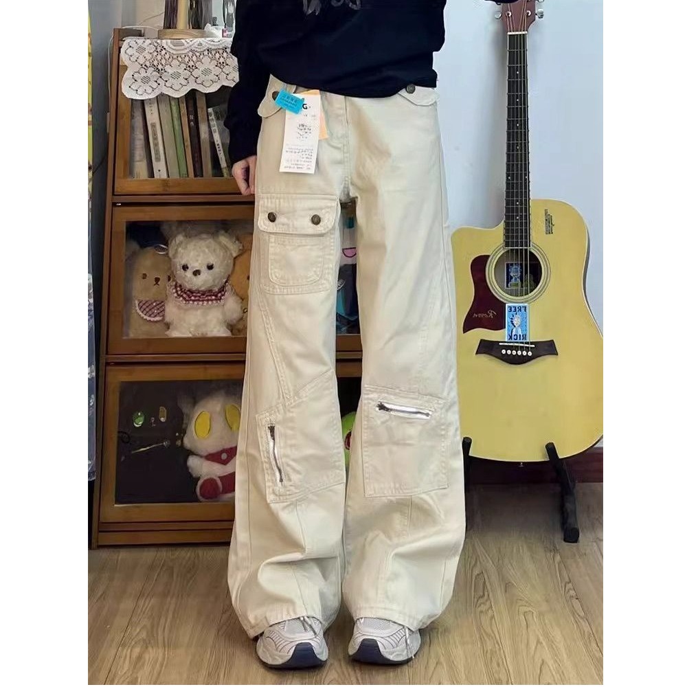 美式设计感多口袋工装牛仔裤女秋季新款低腰宽松直筒微喇阔腿长裤