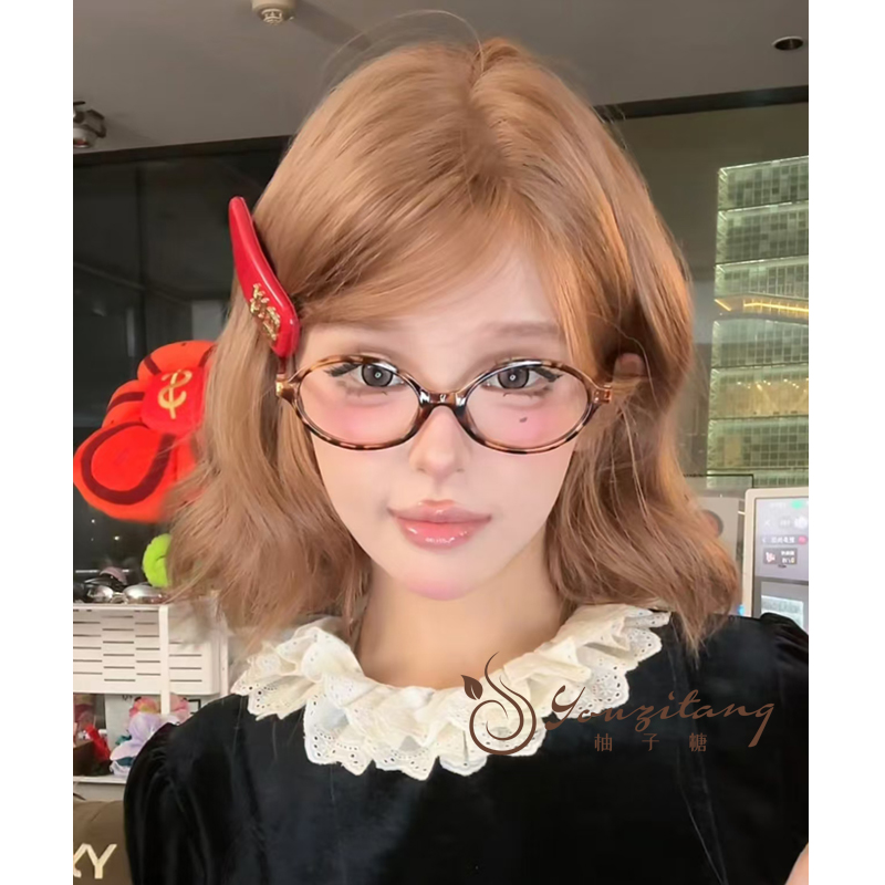 洋装芭比自然可爱俏皮假发女小额蕾丝短卷假发中分全头-小圆团