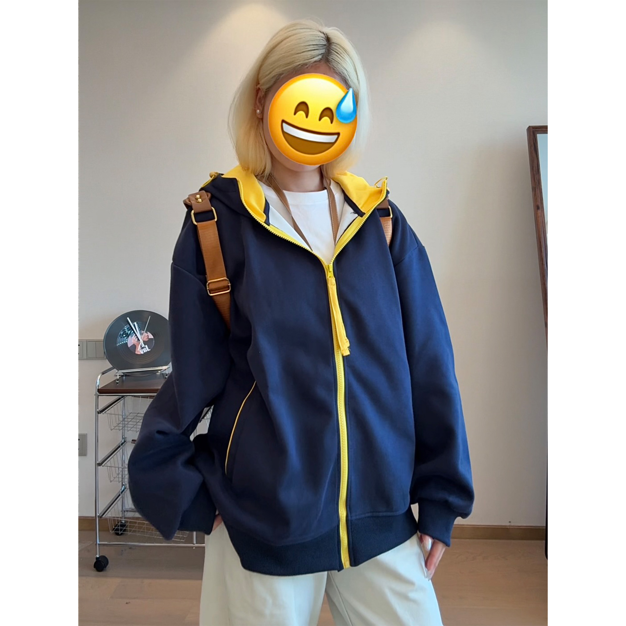 美式cleanfit连帽开衫卫衣男秋季潮牌设计感撞色拼接外套情侣上衣