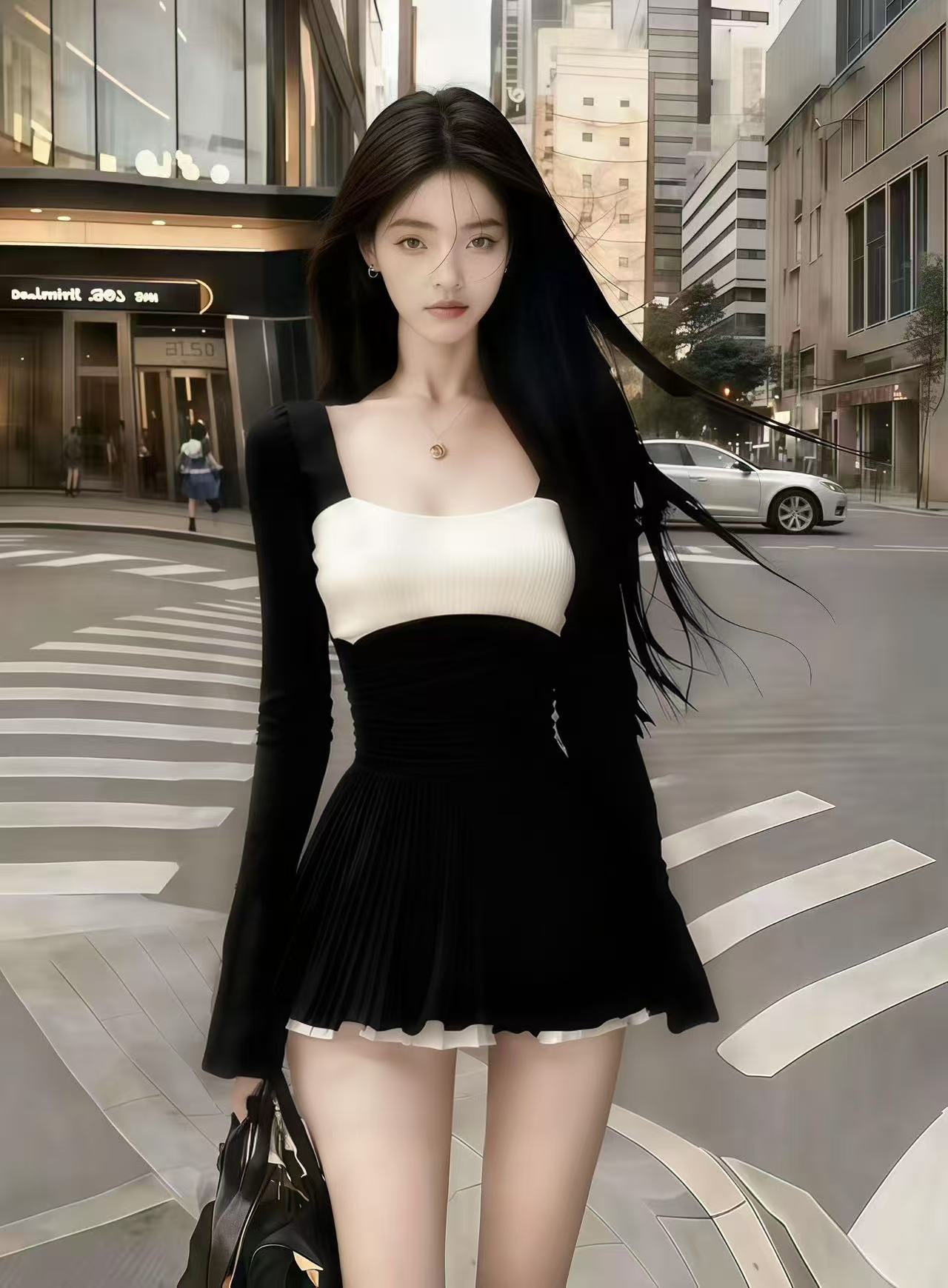 轻奢优雅千金风黑色U领长袖收腰拼接百褶短款气质显瘦连衣裙女