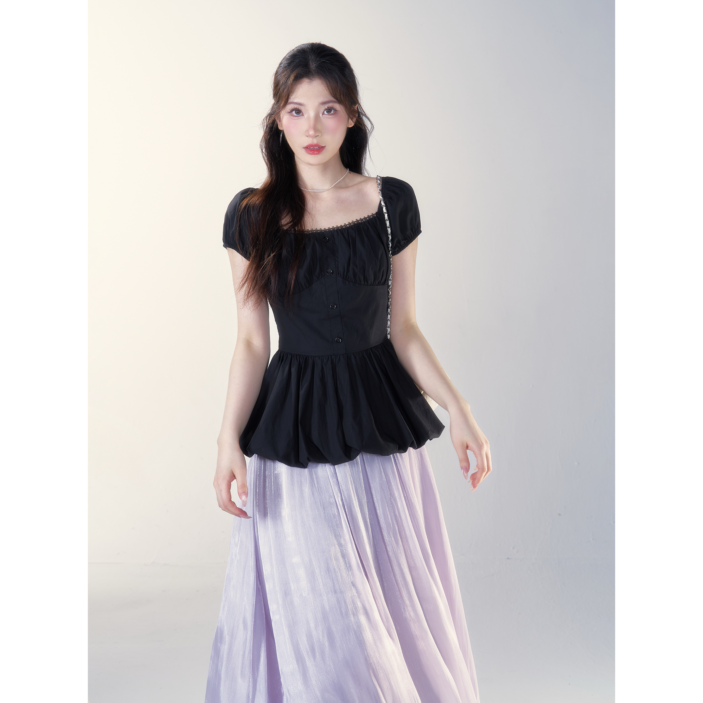 【小野莓】春夏百搭设计感方领花苞短袖T恤上衣+a字半身裙BC87441