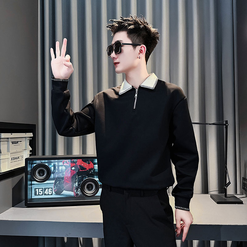 polo衫男男长袖秋季水洗春季潮流卫衣休闲翻领春秋上衣拉链男士