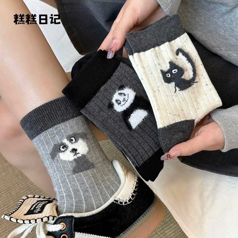可爱动物卡通植绒中筒袜子女秋冬可爱日系穿搭中筒秋冬季棉袜子女