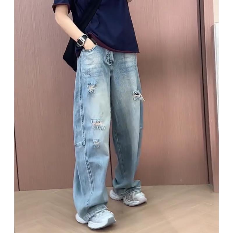 弯刀牛仔裤女破洞阔腿裤夏大码香蕉裤梨型身材高腰显瘦直筒拖地裤