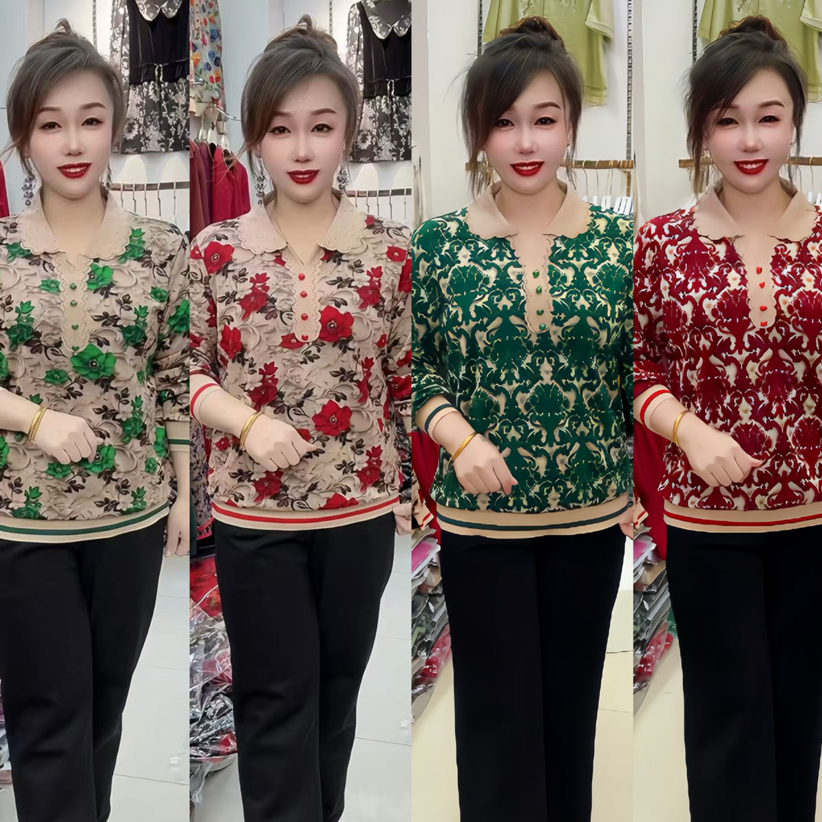 时尚印花娃娃领长袖妈妈打底衫百搭减龄洋气小衫