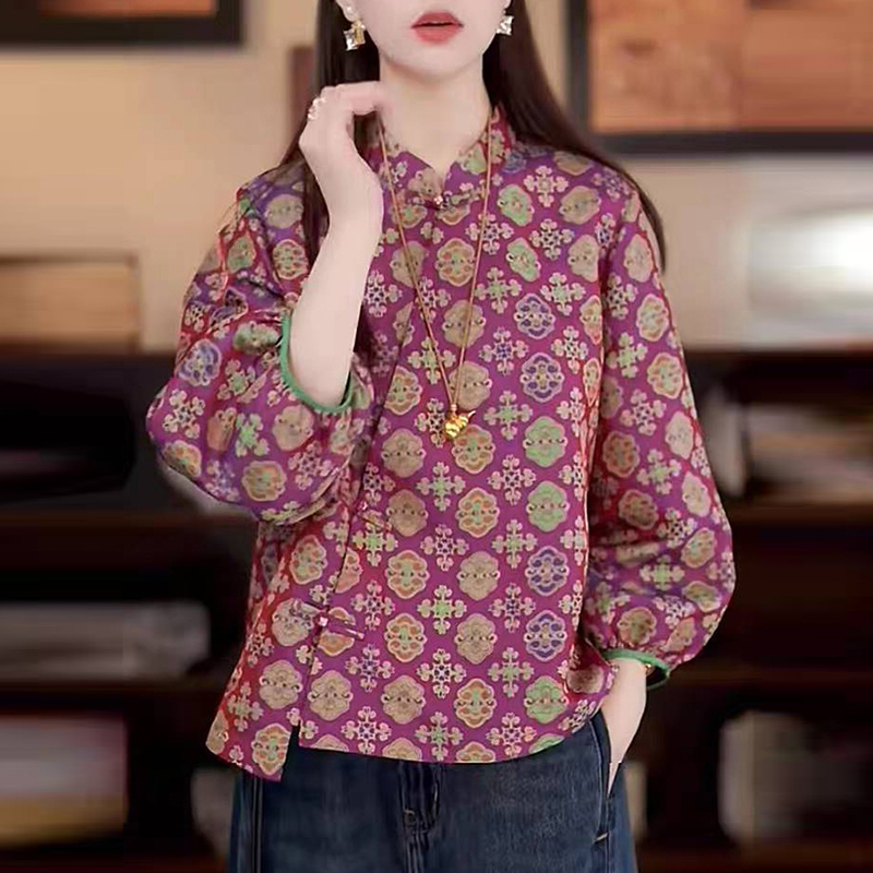 2025早秋新中式国风年轻款紫色提花立领衬衫女减龄唐装上衣
