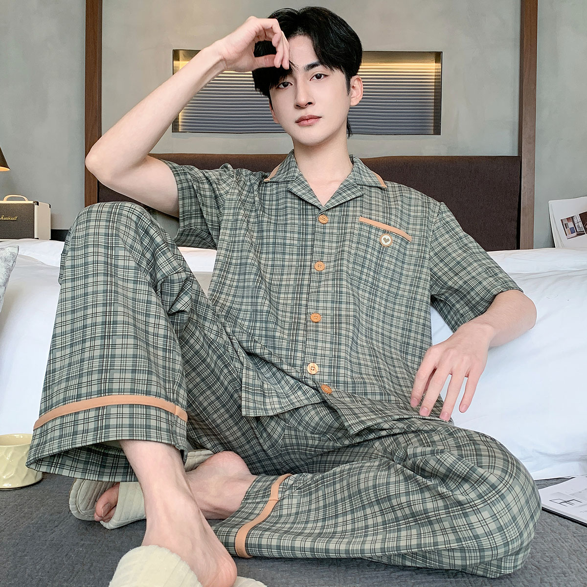 【纯棉】时尚格子新款夏季男士短袖纯棉睡衣套装家居服开衫青年款