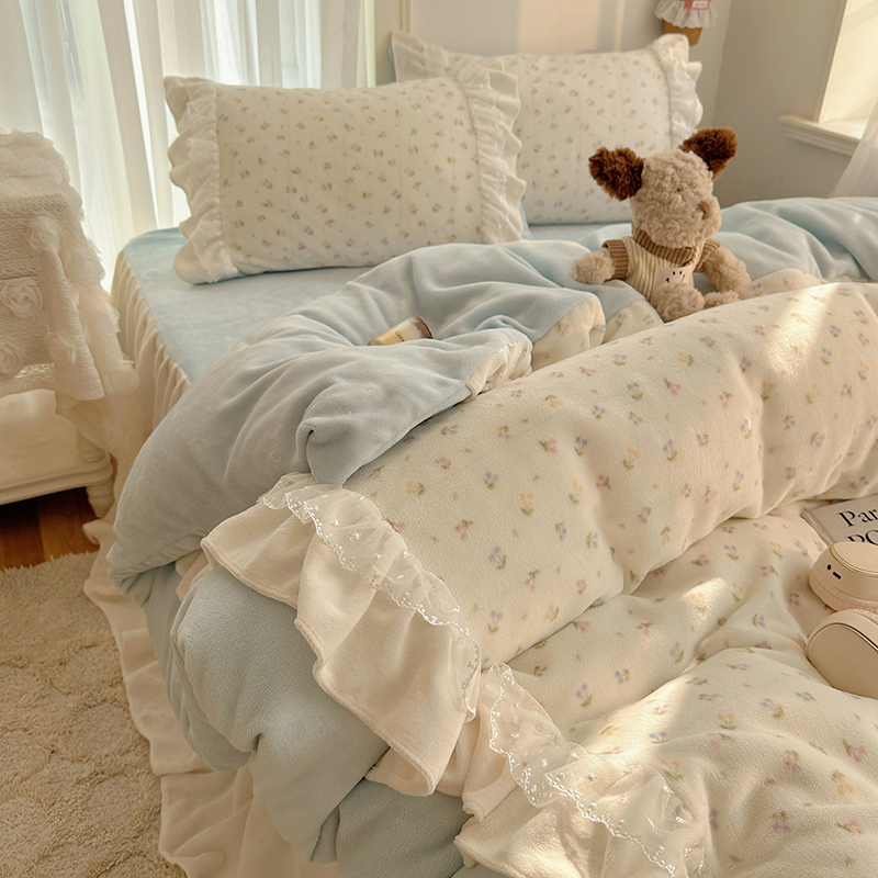 小清新樱桃印花牛奶绒四件套秋冬季少女心花边被套床裙床单三件套