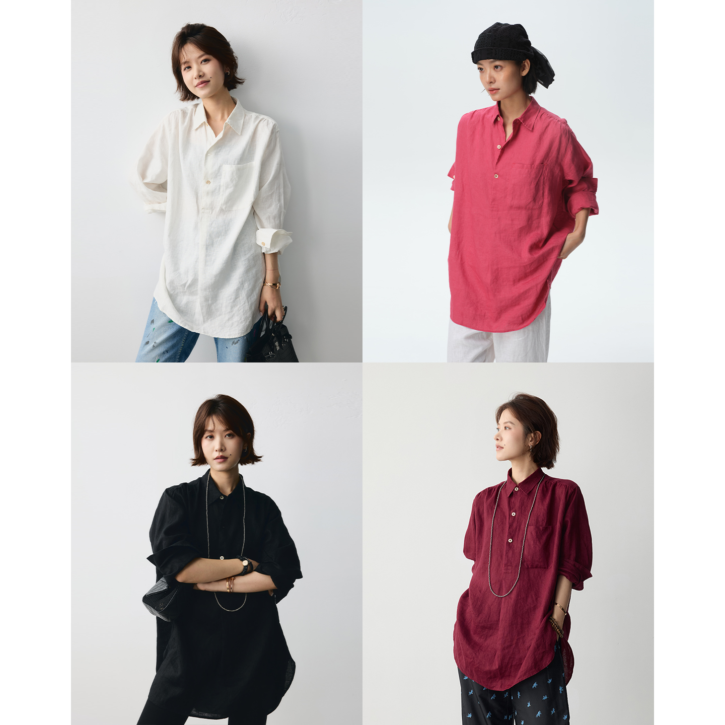 DE Mincollection大白衬衫/日系捏褶纯色翻领廓形全亚麻衬衫50494