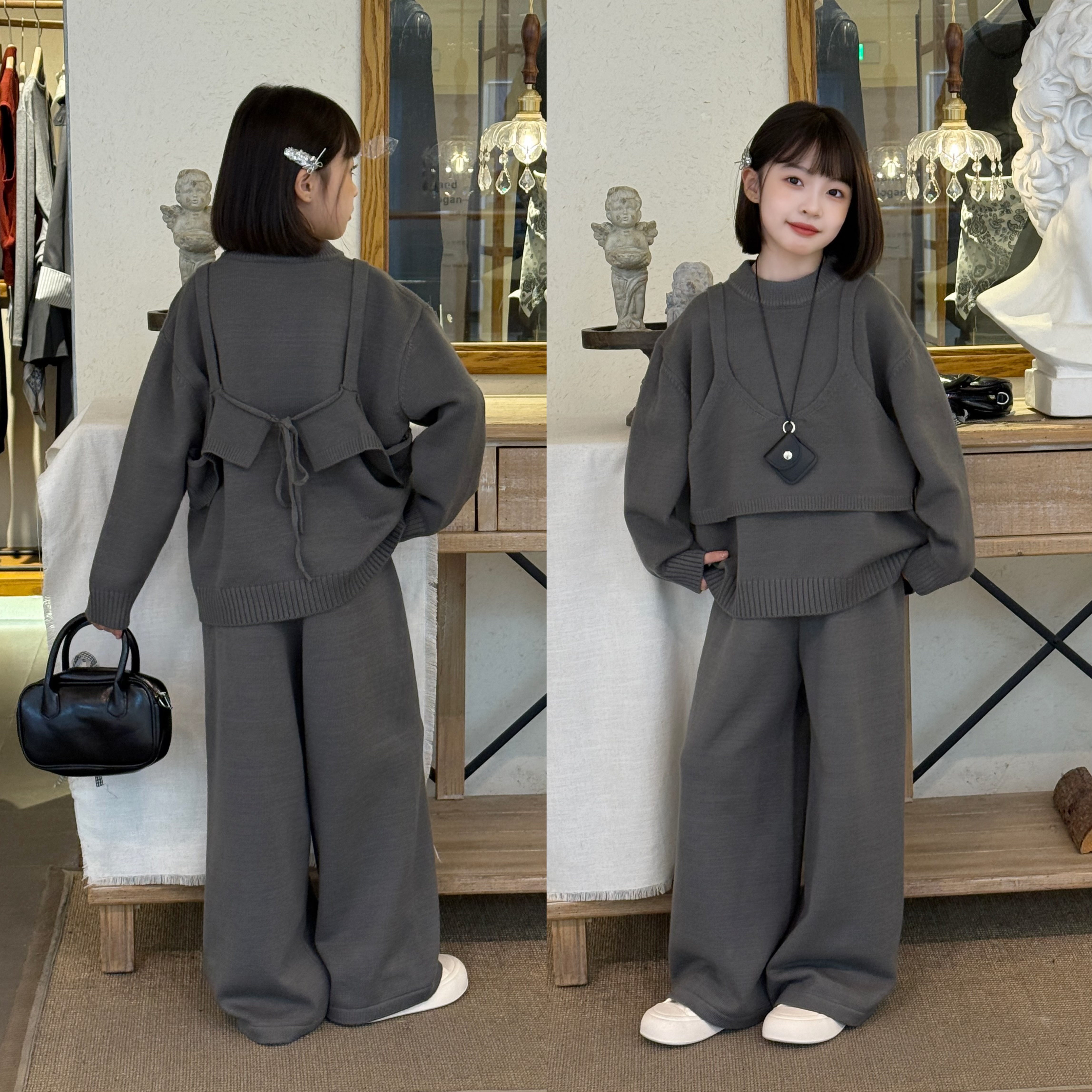 女童慵懒风韩系叠穿毛衣三件套春秋季2025新款洋气针织上衣阔腿裤