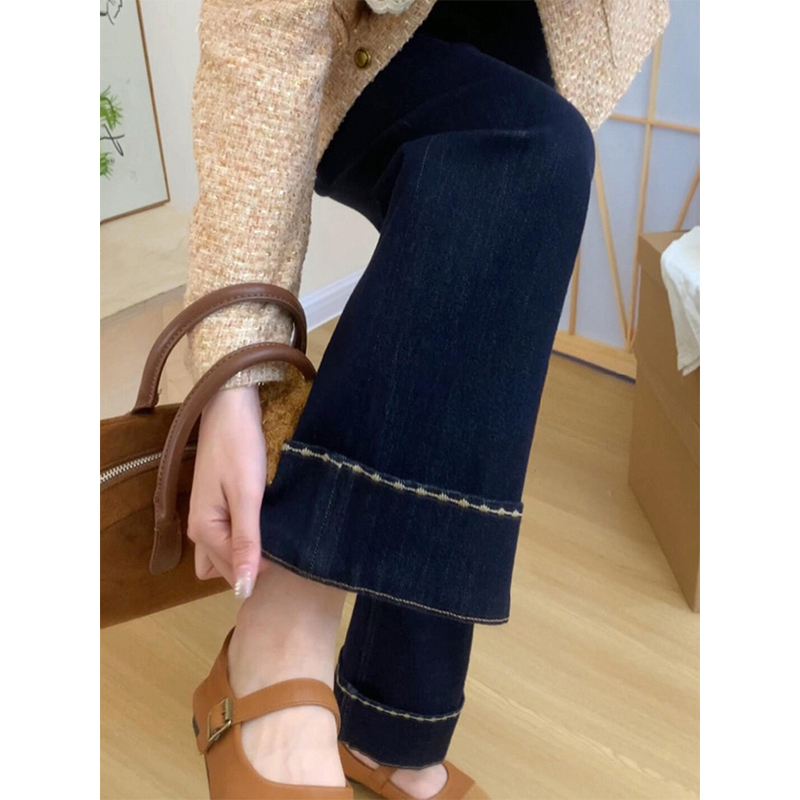 冬季款大码翻边加绒加厚高腰直筒牛仔裤女宽松遮胯显瘦百搭九分裤