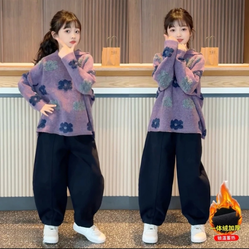 女童秋冬新款洋气绣花连帽加厚针织毛衣韩系宽松加绒弯刀裤两件套