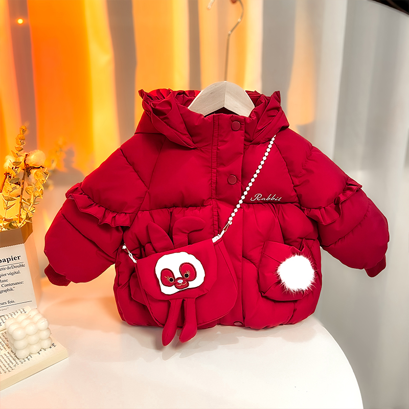 女童红色棉服冬款女宝宝加绒加厚棉袄儿童冬装外套小女孩羽绒棉服