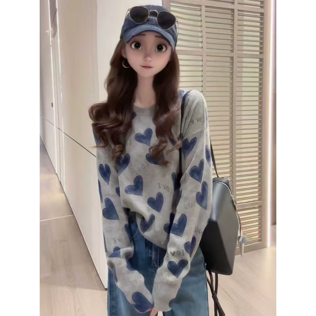 慵懒风灰色爱心字母长袖针织衫女早秋穿搭新款宽松短款百搭上衣