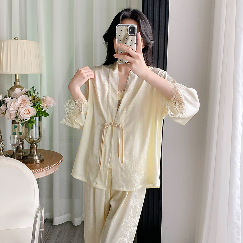 新款新中式性感吊带胸垫冰丝睡衣女三件套轻奢国风提花盘扣家居服