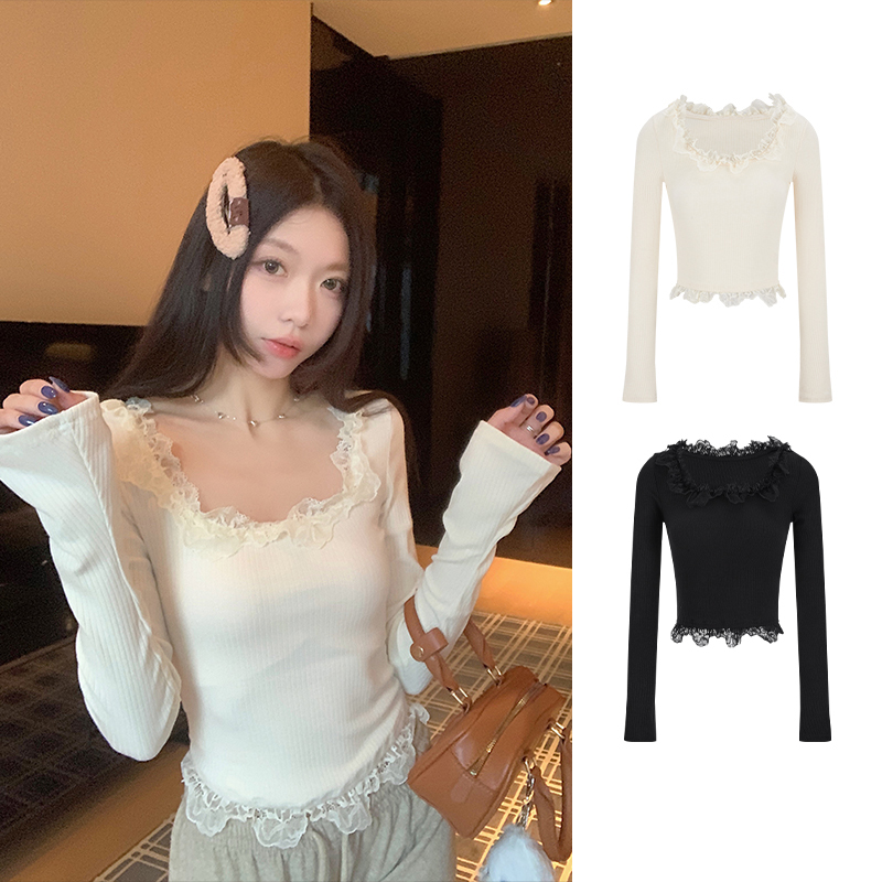 Moses Queen/魔西女王纯欲蕾丝花边方领长袖t恤女春秋内搭打底衫