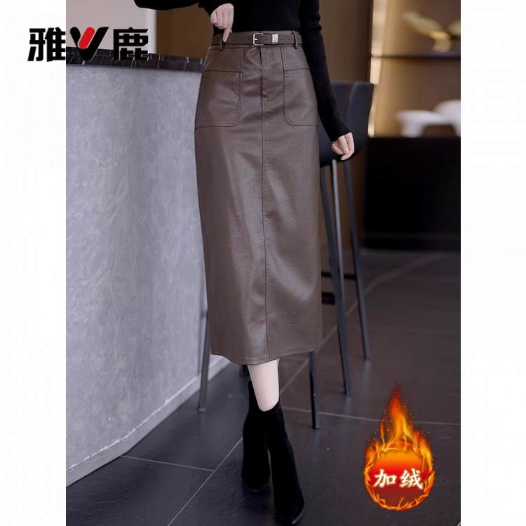 雅鹿时尚韩系包臀皮裙女2025秋冬新款气质高腰显腿长中长款半身裙