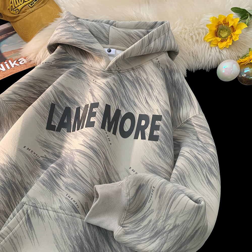 秋冬加绒情侣休闲连帽卫衣男美式潮牌扎染印花ins青少年套头帽衫