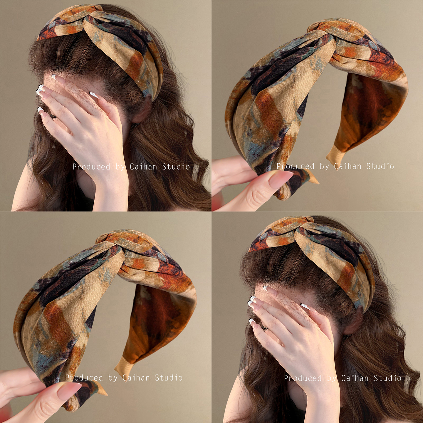 枫眠枕秋~复古油画扎染发箍女2025新款气质交叉高颅顶头箍盘发器