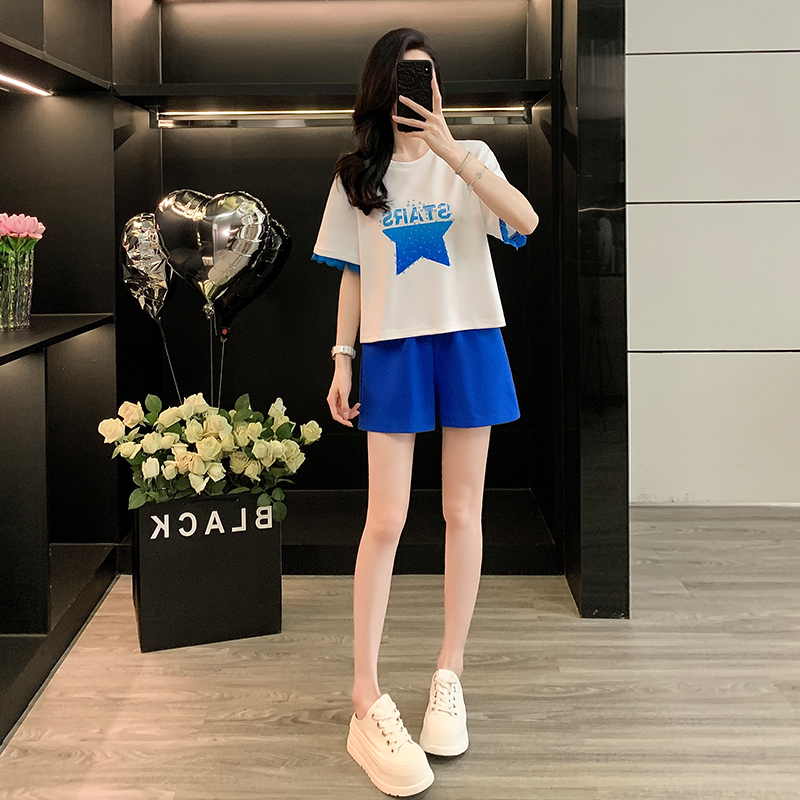 网红洋气休闲运动套装女韩版洋气显瘦白色短袖蓝色短裤时尚两件套