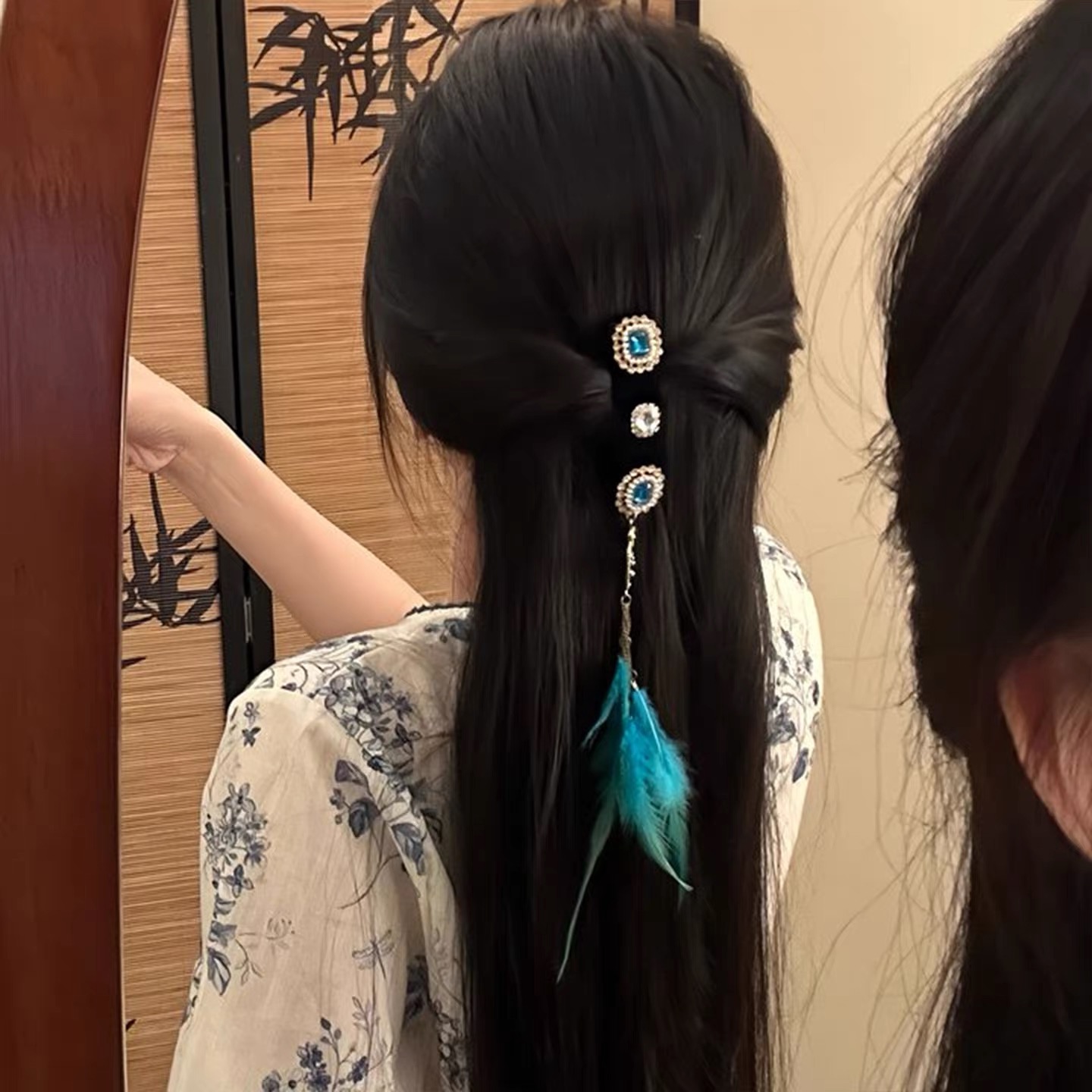 青翎曳风~复古民族风蓝色羽毛发夹高级感鸭嘴夹发卡女古风夹子