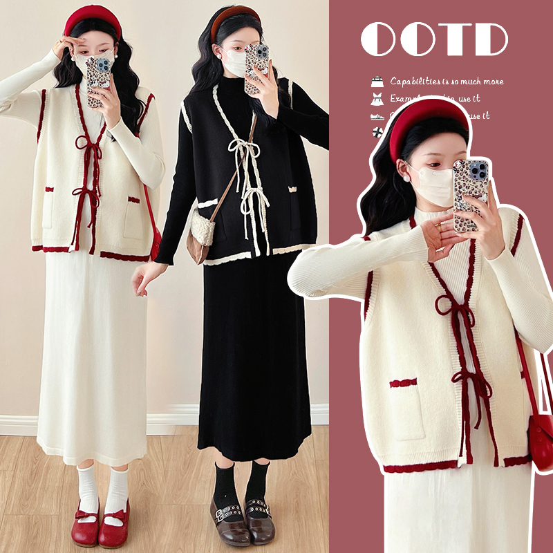 2025孕妇系带毛针织衫马甲+针织连衣裙两件套韩版甜美宽松型