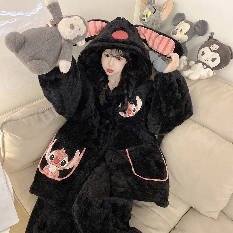 运补【黑色史迪仔】省服夹棉冬季睡衣珊瑚绒加绒加厚冬天保暖家居服