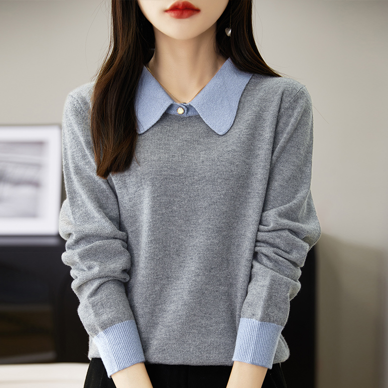 假两件上衣女士春秋大码洋气针织衫宽松显瘦遮肉薄款Polo领打底衫