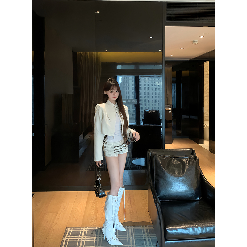 外套女短款皮衣机车休闲夹克白色长袖上衣辣妹低腰休闲短裤热裤子