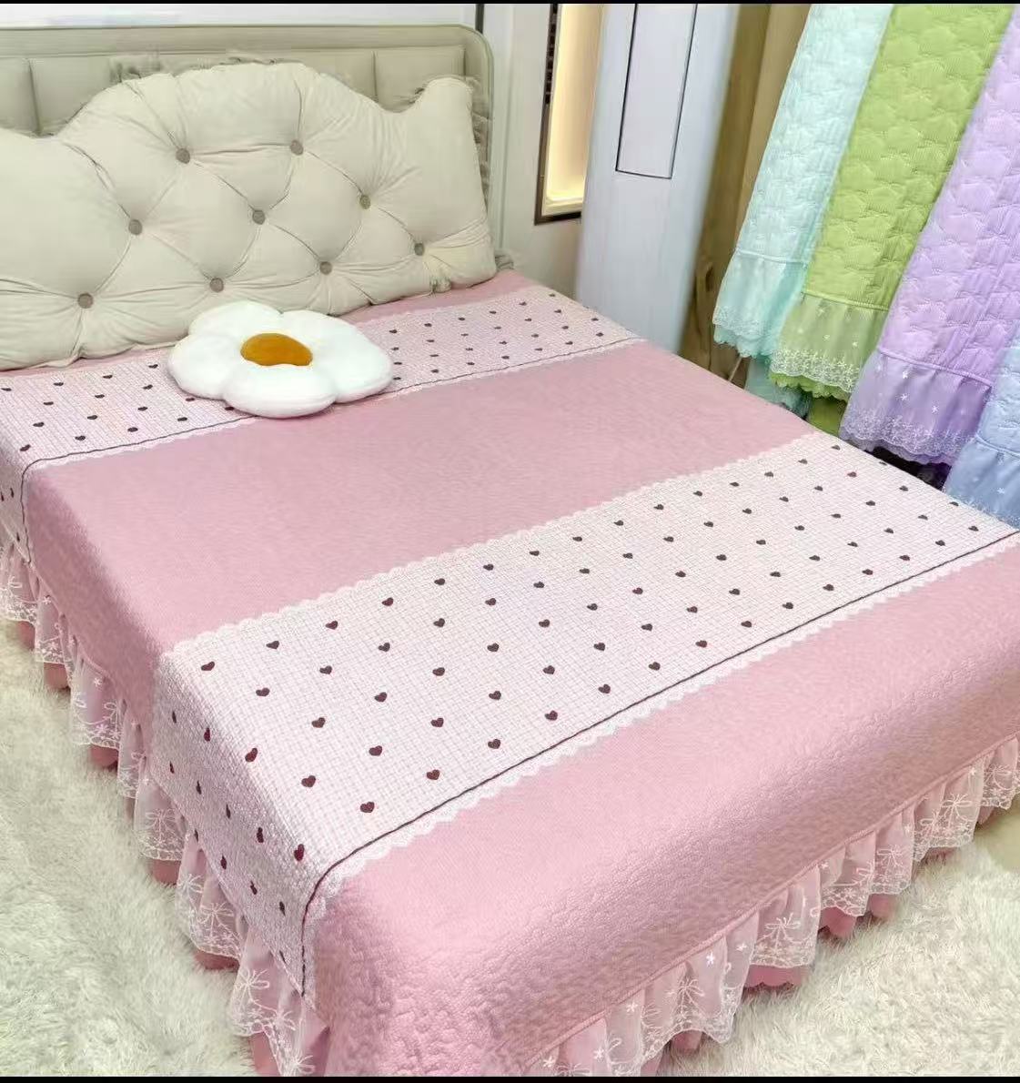 【秋冬夹棉新品四季床盖】有氧芙棉双层纱蕾丝床裙单床盖