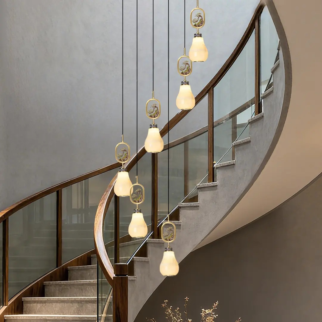 新中式楼梯间吊灯全铜玉石别墅长吊灯高档大气复式楼旋转楼梯吊灯