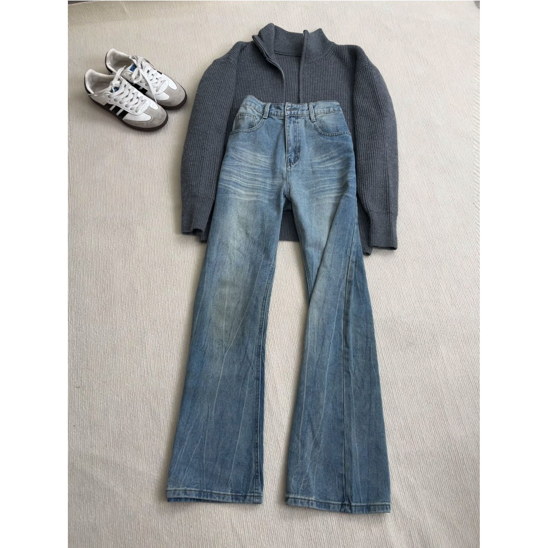 蓝色闪电纹牛仔裤男女秋新款vibe水洗高腰裤子vintage松弛感长裤