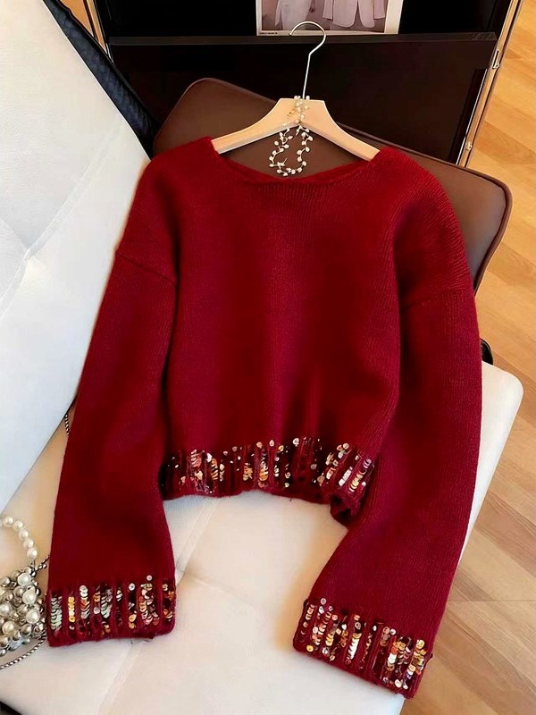 韩系慵懒风设计感小众时尚洋气百搭红色圆领针织衫2025年冬季新款