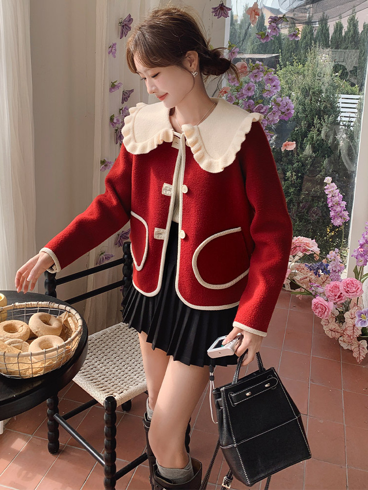 拼色减龄娃娃领毛呢外套女士2025秋冬新款设计感气质百搭加厚上衣
