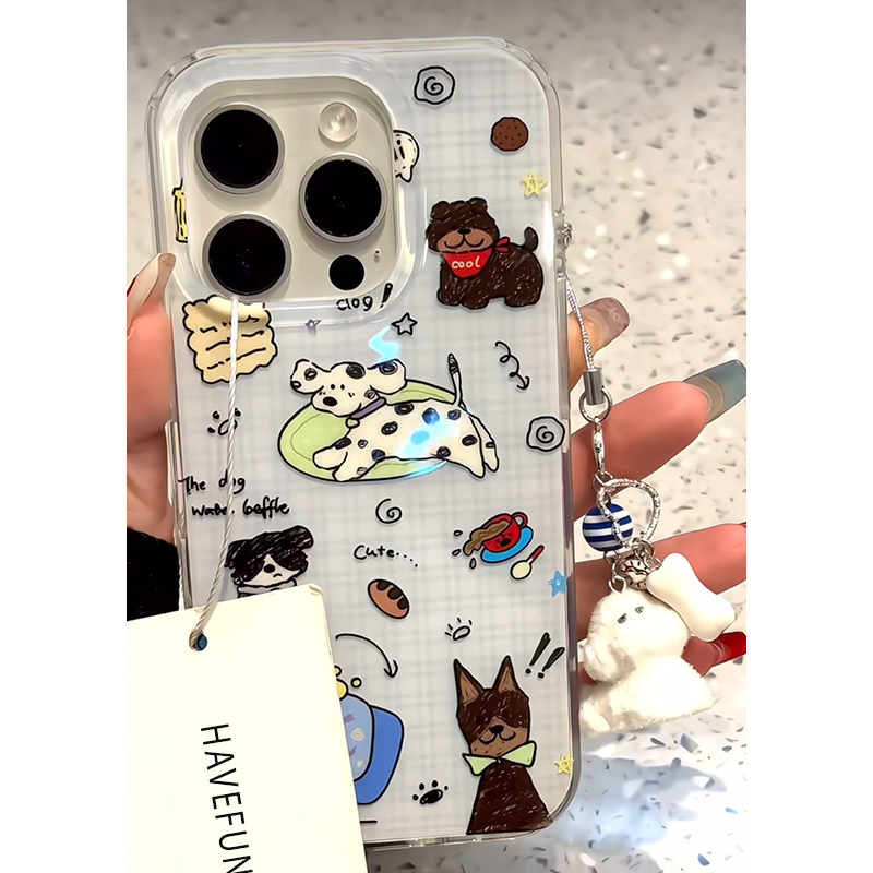 雅天立蓝格子涂鸦小狗适用iPhone15苹果手机壳14华为vivo小米oppo