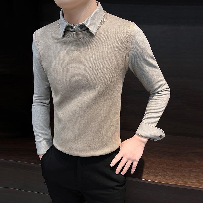 NYIG衬衫领假两件毛衣男士春秋款加厚保暖2025新款内搭打底针织衫
