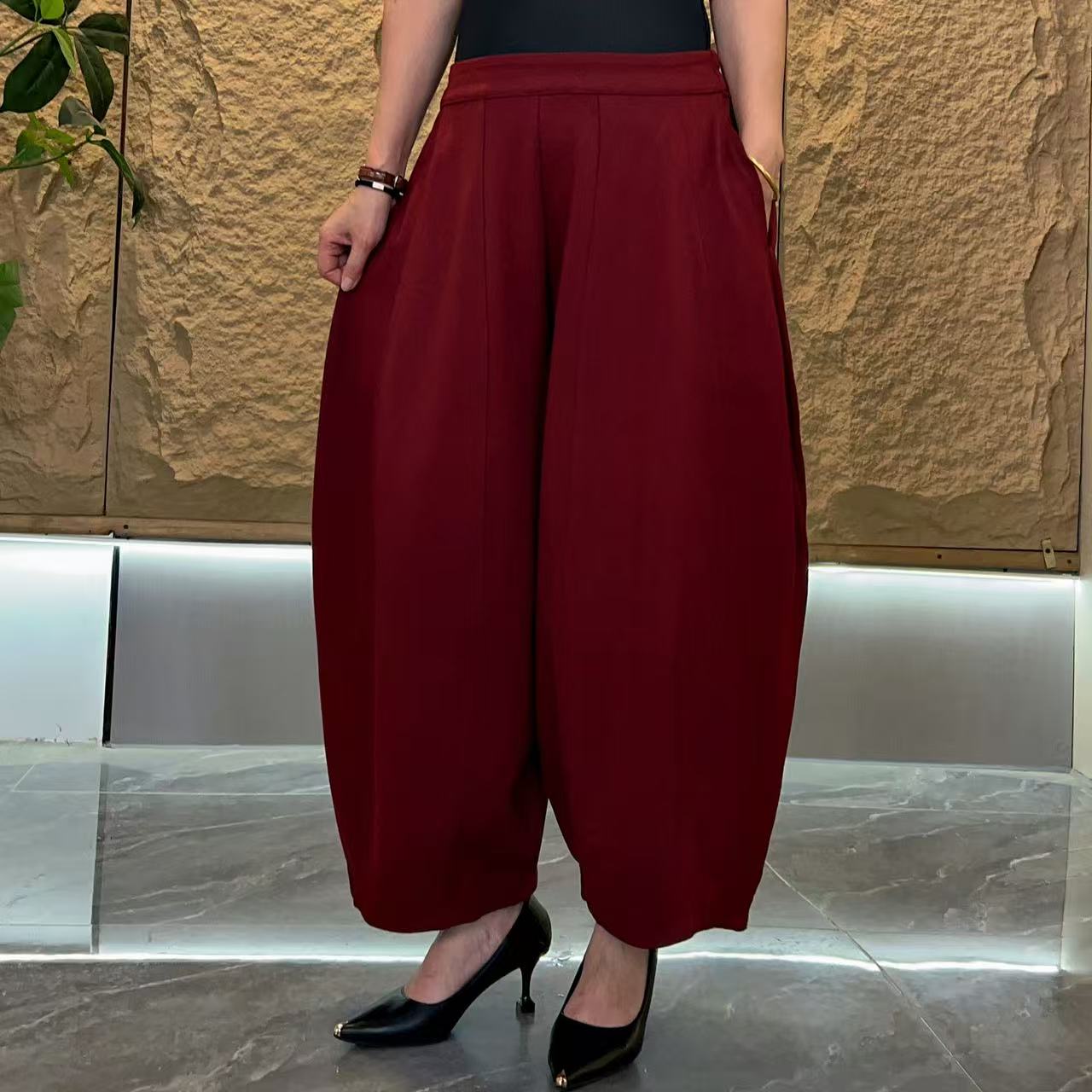 早秋季新款高腰宽松洋气阔腿显瘦平腰半松紧哈伦气球裤灯笼裤