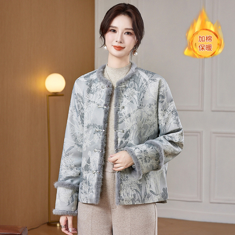 啄木鳥妈妈毛边夹棉棉服外套新中式棉袄秋冬新款中老年女装短款国