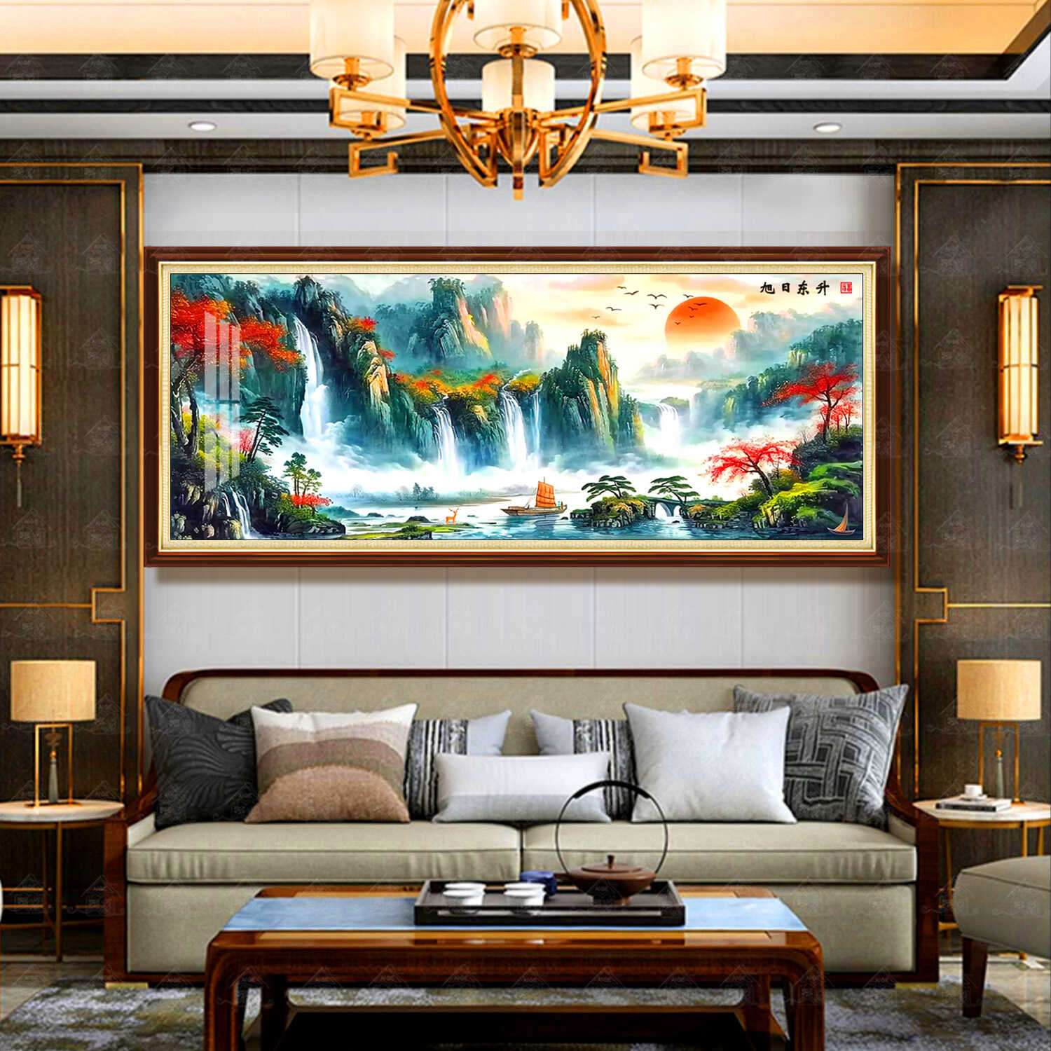 新疆西藏包邮爱阁十字绣旭日东升鸿运当头升级版新中式风景山水装