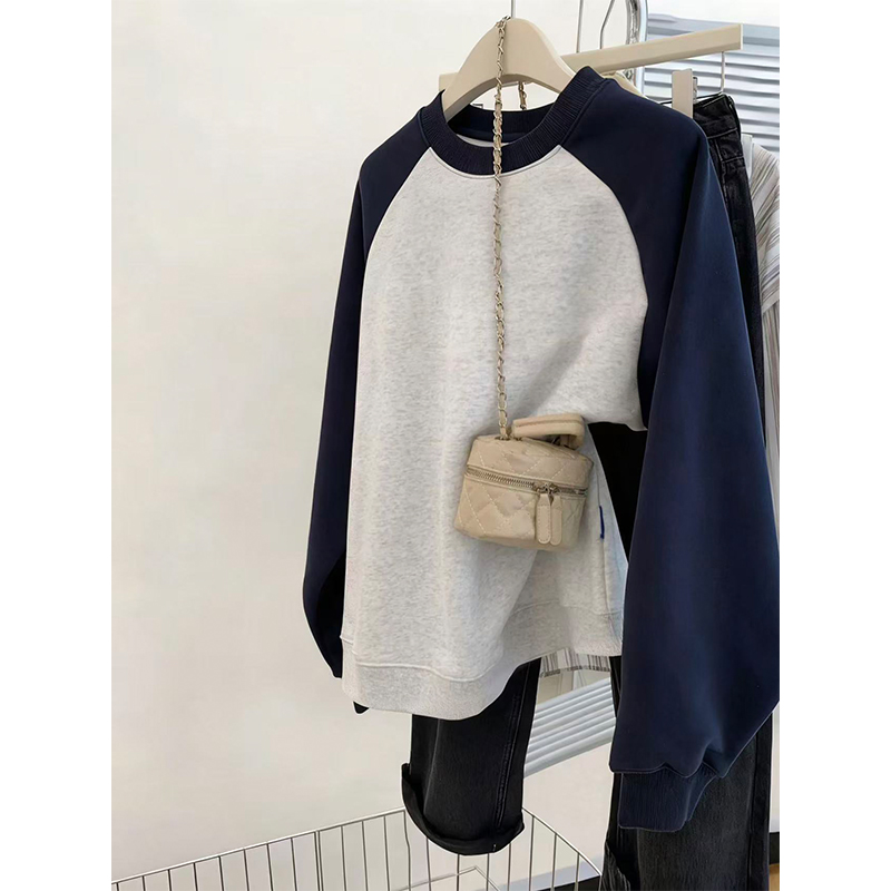 高级感蓝灰撞色卫衣女oversize插肩袖遮肉上衣小个子ins学生外套