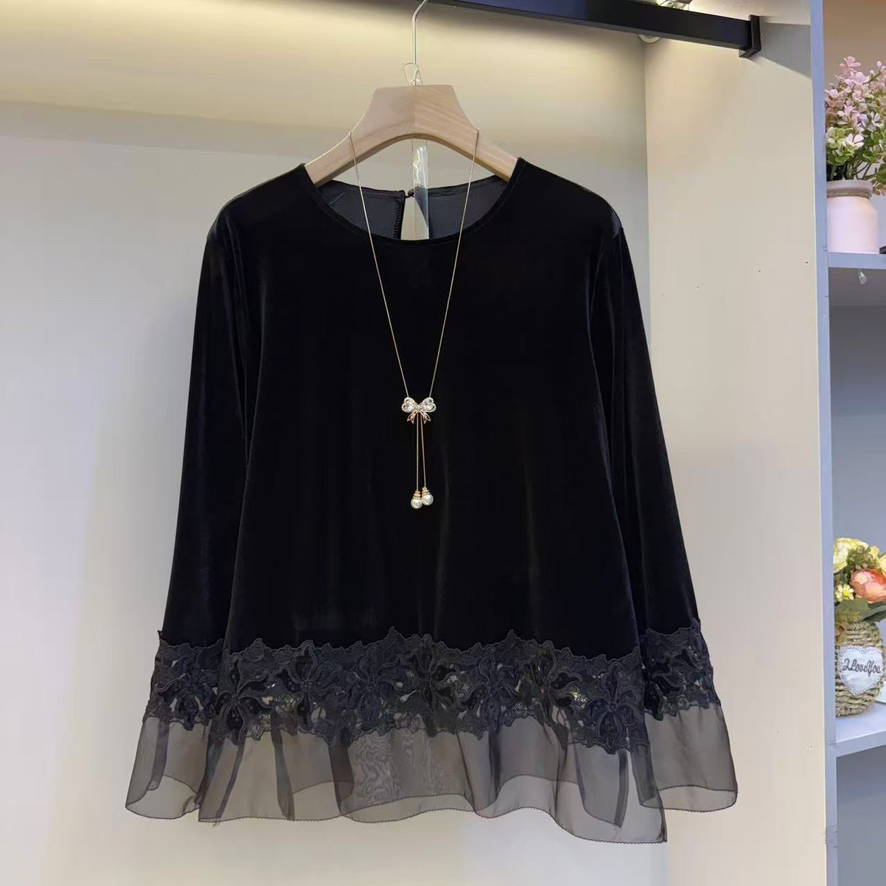 圆领后扣真丝桑蚕丝与丝绒下摆刺绣拼接欧根纱上衣