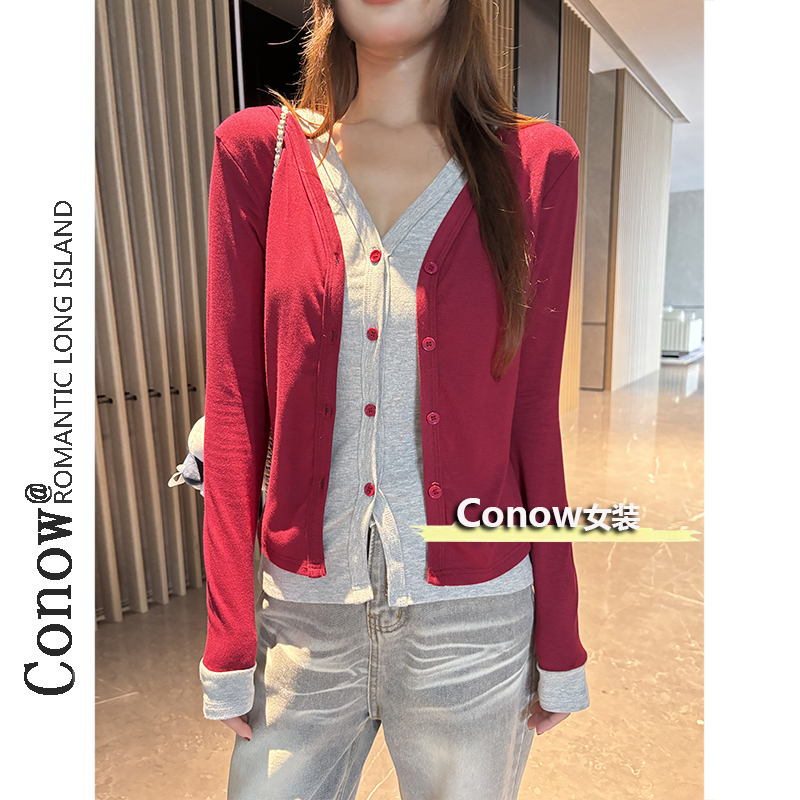 彩诺假两件拼接长袖t恤秋冬新款开衫修身针织衫女显瘦打底上衣