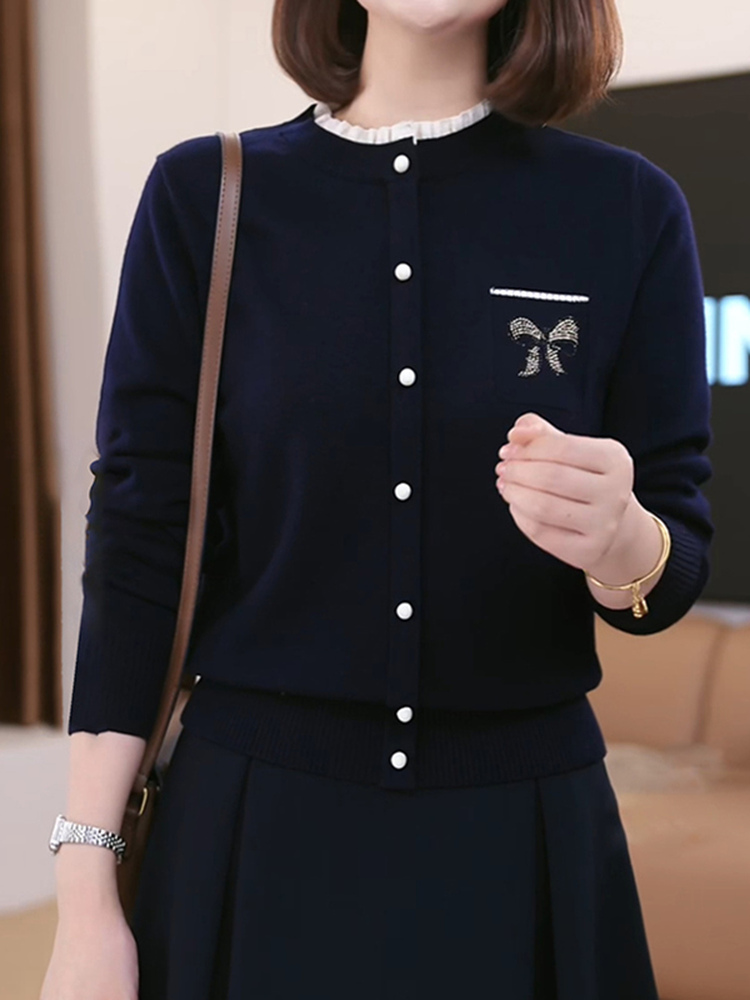 蝴蝶结烫钻假两件针织衫女秋冬藏青色毛衣新款显瘦气质减龄上衣