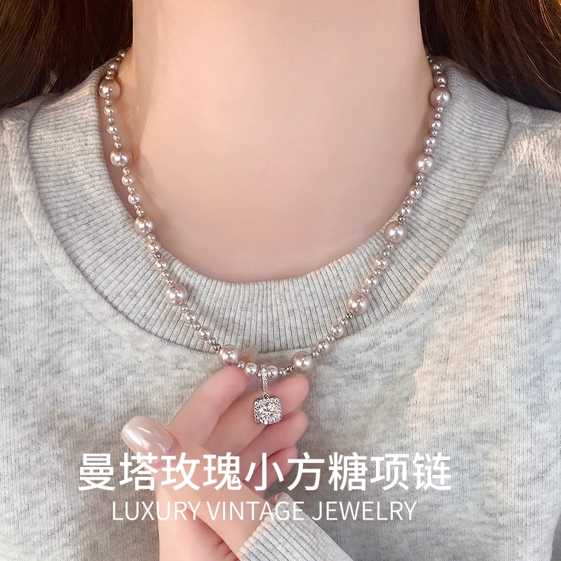 坠链均925银 曼塔玫瑰小方糖珍珠项链毛衣链女新款高级感轻奢颈链