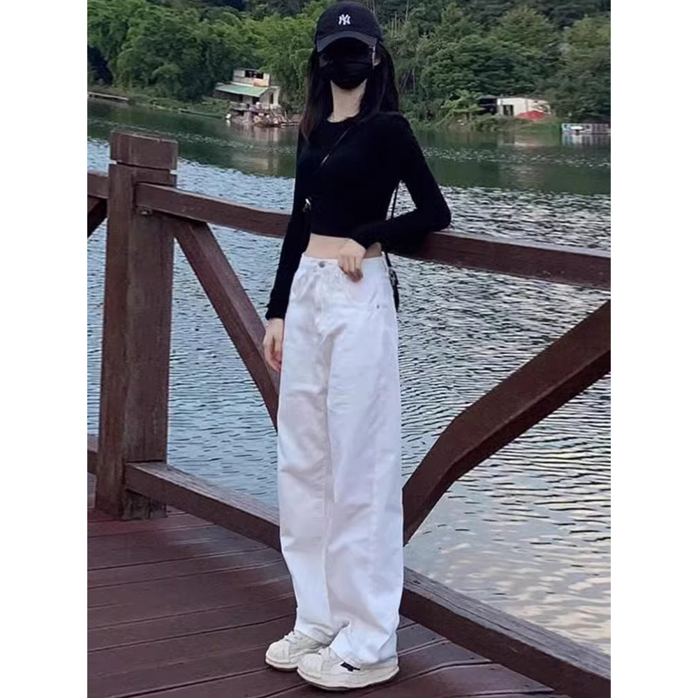 诗贝白色牛仔裤女春秋款2025新款秋季休闲直筒小个子高腰阔腿裤