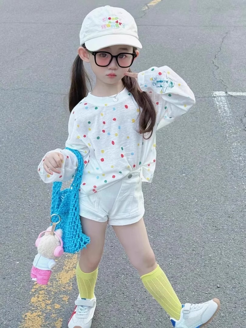 女童时髦套装2025夏季新款儿童圆点印花防晒衫T恤女宝宝儿童服装
