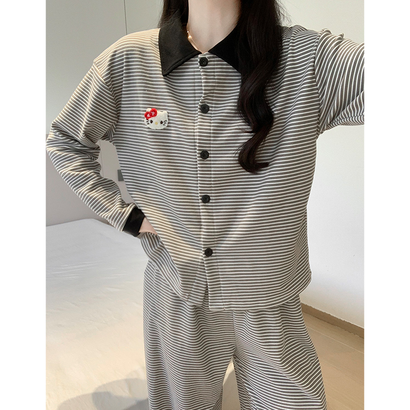 可爱卡通小猫秋冬季睡衣女款德绒条纹长袖休闲风可外穿家居服套装