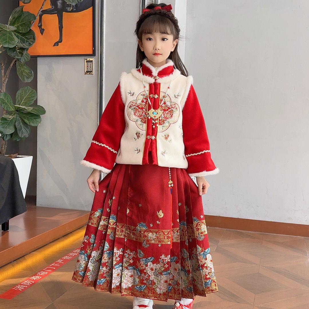 汉服2025女童中国冬季套装唐装儿童过年新年拜年衣服加厚马面裙套