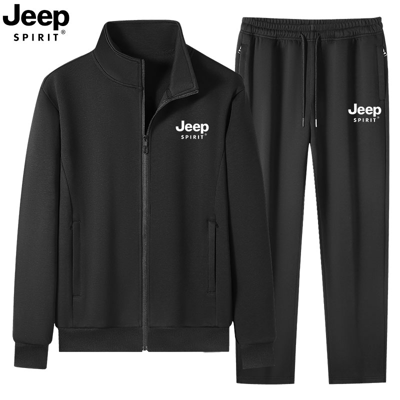 JEEP吉普立领运动套装男春秋季纯棉薄款中老年宽松大码休闲运动服